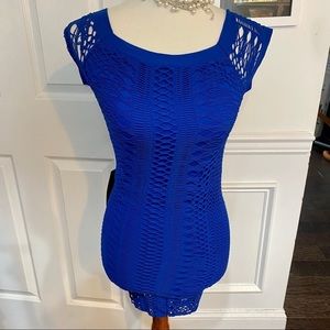 NWT Bebe Cobalt Blue Crochet Overlay Fitted Dress